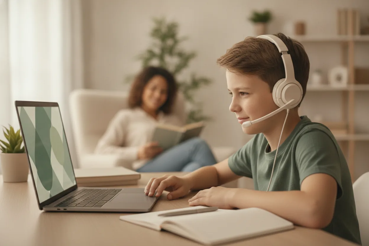 A learner using a headset for an online lesson at home.