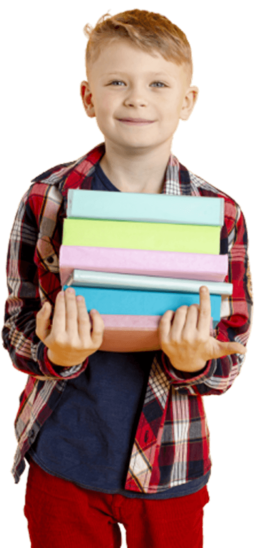 A student holding a stack of books.